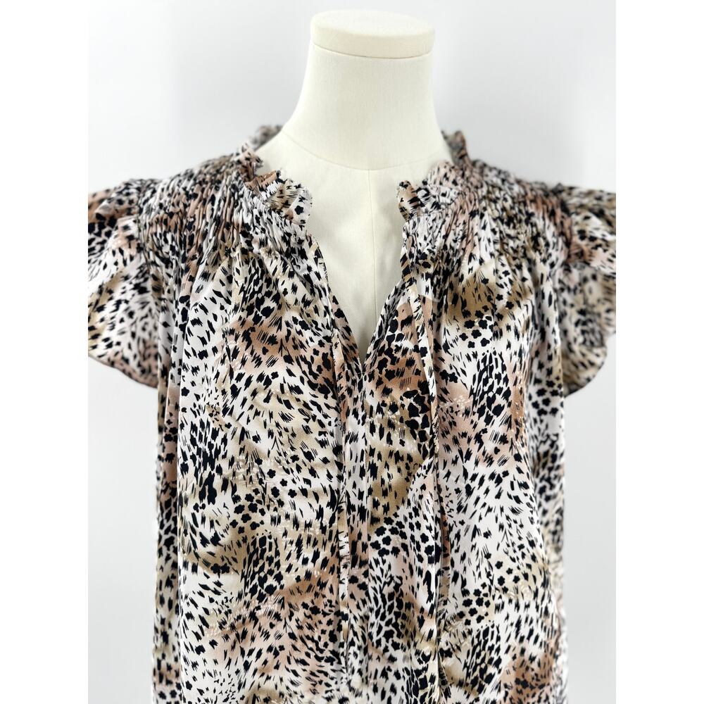 Sea New York Animal Print Top Flutter Ruffle Cap Sleeve Cotton Blouse Small